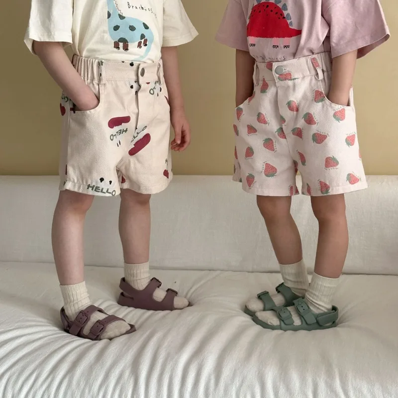 

Kids Summer Cotton Shorts Strawberry Cartoon Print Boys Casual Loose Short Pants Girls Elastic Waist Baby Knee-length Pants