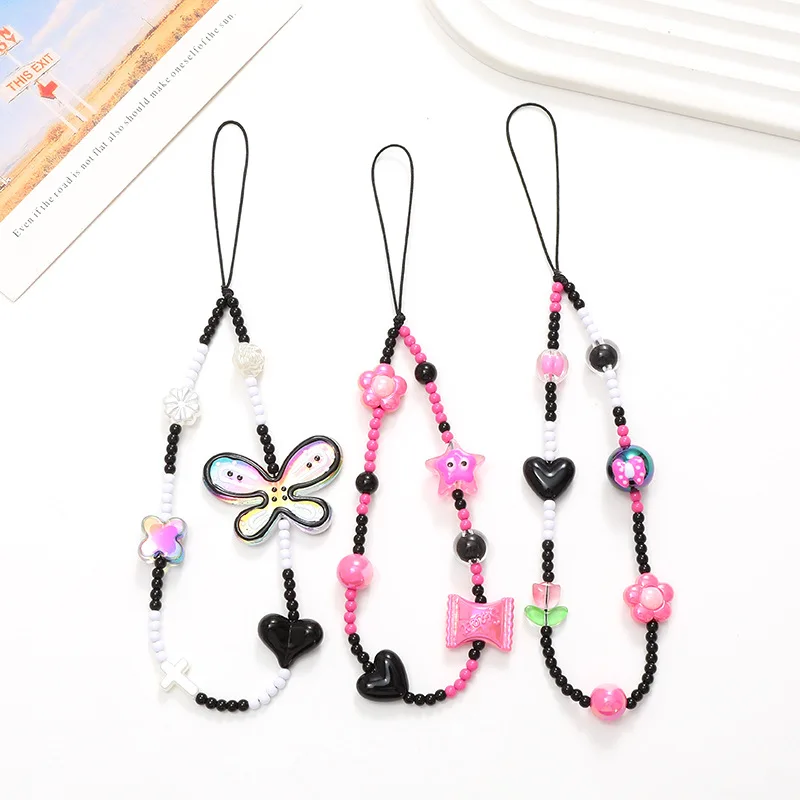 Pink Millennium Style Y2K Sweet Spicy Girl Phone Chain Beaded Phone Hanging Strap Portable Handheld Hanging Chain Hanging pendan