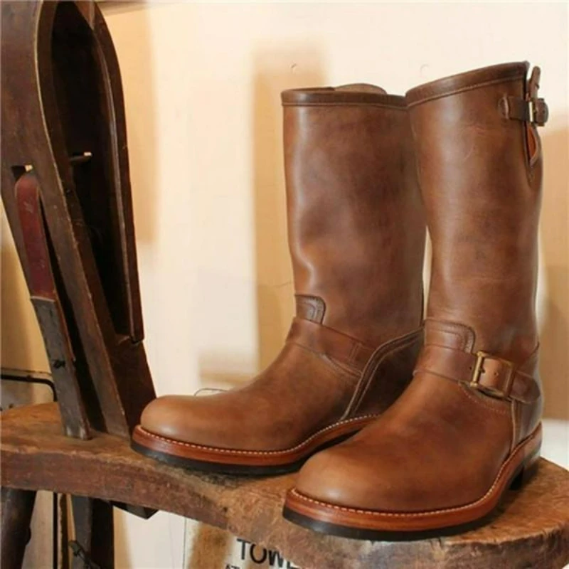 Retro Outdoor Western Cowboy Stiefel Mittelhoch Rund Mittelalterliche Motorradstiefel für Herren Trendige PU-Leder Schnallenstiefel – Detail 6