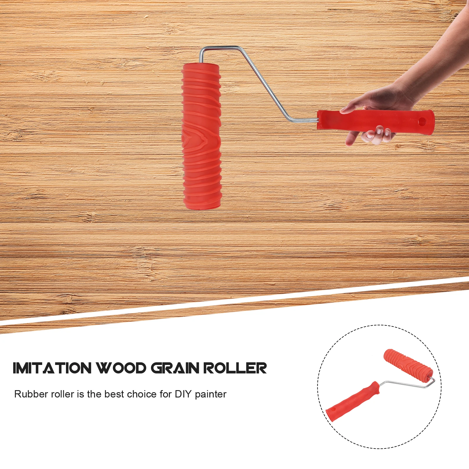 

7 Inch Red Diy Wall Decoration Wooden Grain For Texture Water-Based Paint Durable Rubber Roller Plastic Handle Paint Roller Wall