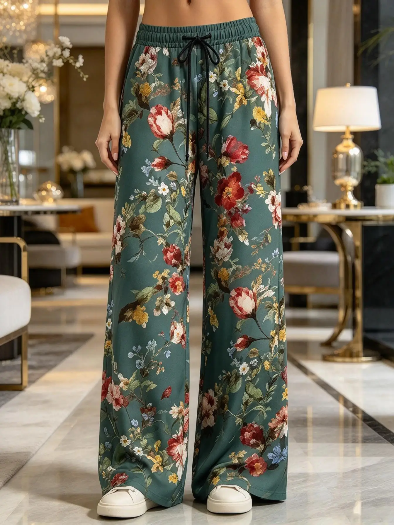 Women Low Waist Wide Leg Pants Vintage Oil Painting Rose Floral Print Elastic Drawstring Casual Trousers