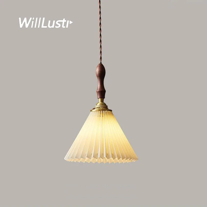 Pleated Fabric Pendant Lamp Walnut Wood Copper Suspension Light Hanging Ceiling Chandelier Vintage Hotel Cafe Bar
