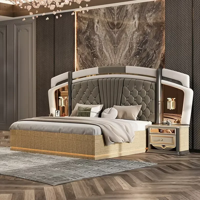 For King Size Bedroom Turkish Style Luxury Wooden Bed Frame with Upholstered Headboard Modern Double Bed Furniture Set for
