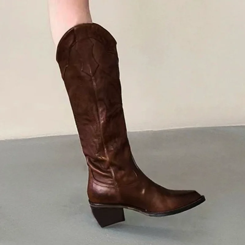 Butterfly Pattern Shoes for Ladies Embroidery Chunky High Heels Crystal Female Mid Calf Boots Pleated Zapatos Mujer Sewing Lines