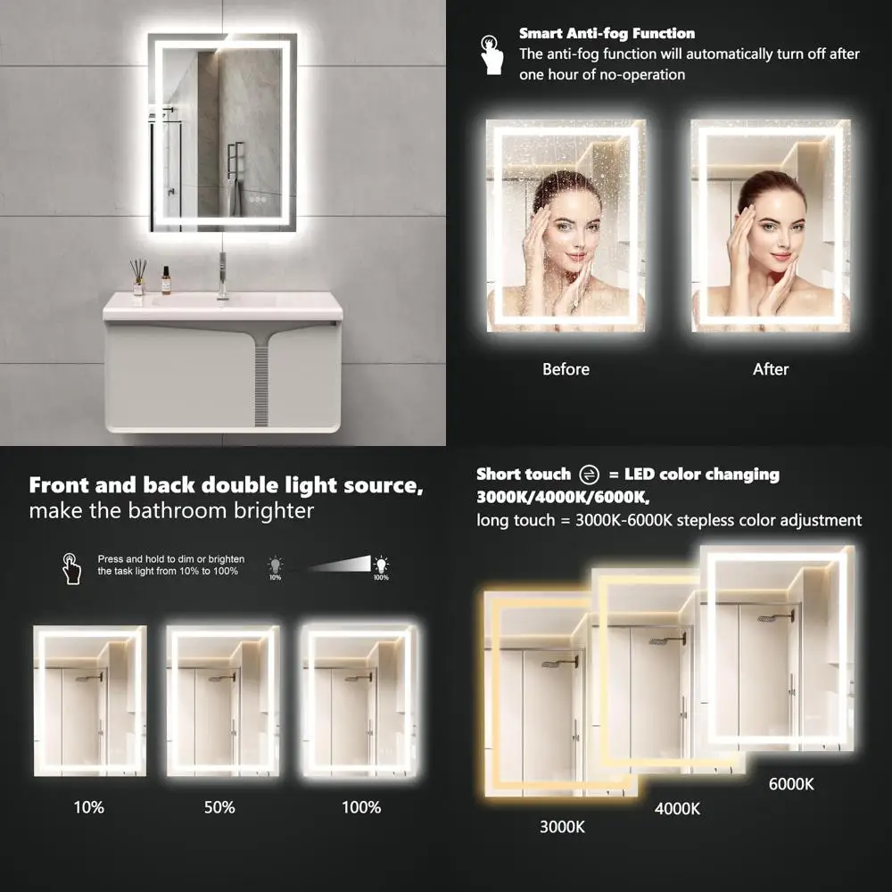Miroir de courtoisie éclairé par LED 24 x 32 pouces avec fonctions antibuée et à intensité variable pour support mural de salle de bain