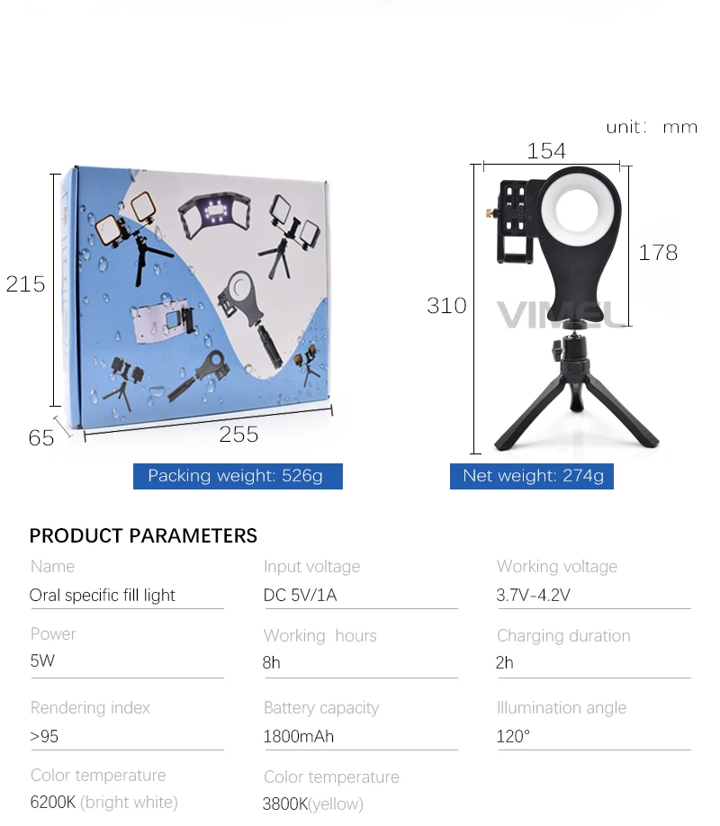 

360 Rotate Dental Mobile photograhy Fill Light Adjust Brightness Dental Led Lamp with 3 type Holders