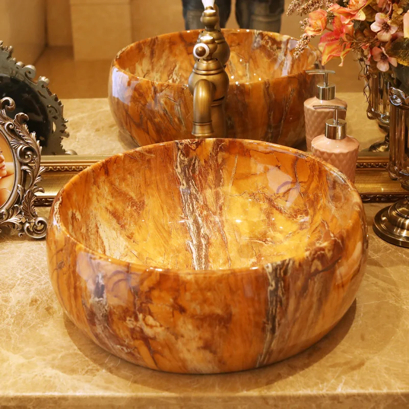 Luxury Golden Marble Style Vanity Bar And Cloakroom Top Round Sink Bowl Ceramic Bathroom Vessel Sinks