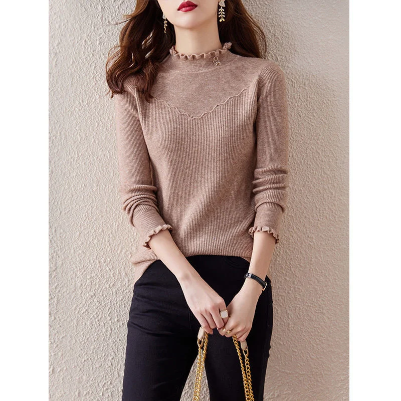 

2022 Autumn Winter Half High Collar Skinny Basic Knitted Tops Women Korean Pullovers Sweater Long Sleeve Bottoming Tshirt