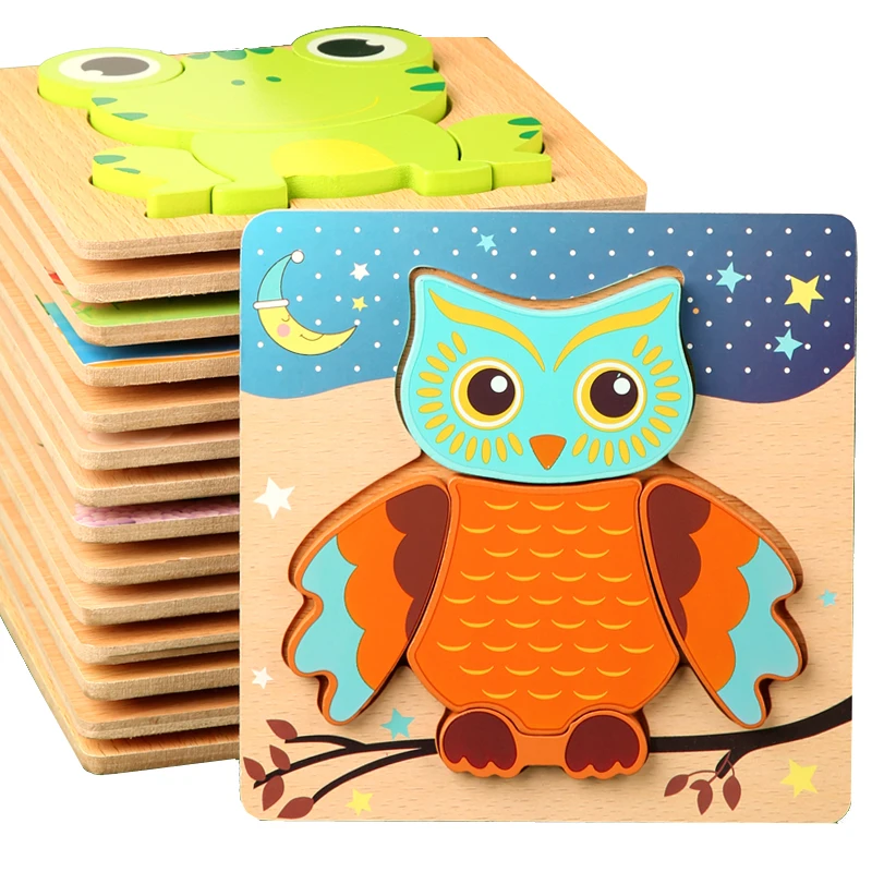 High Quality 3D Wooden Puzzles Educational Cartoon Animals Early Learning Cognition Intelligence Puzzle Game For Children Toys