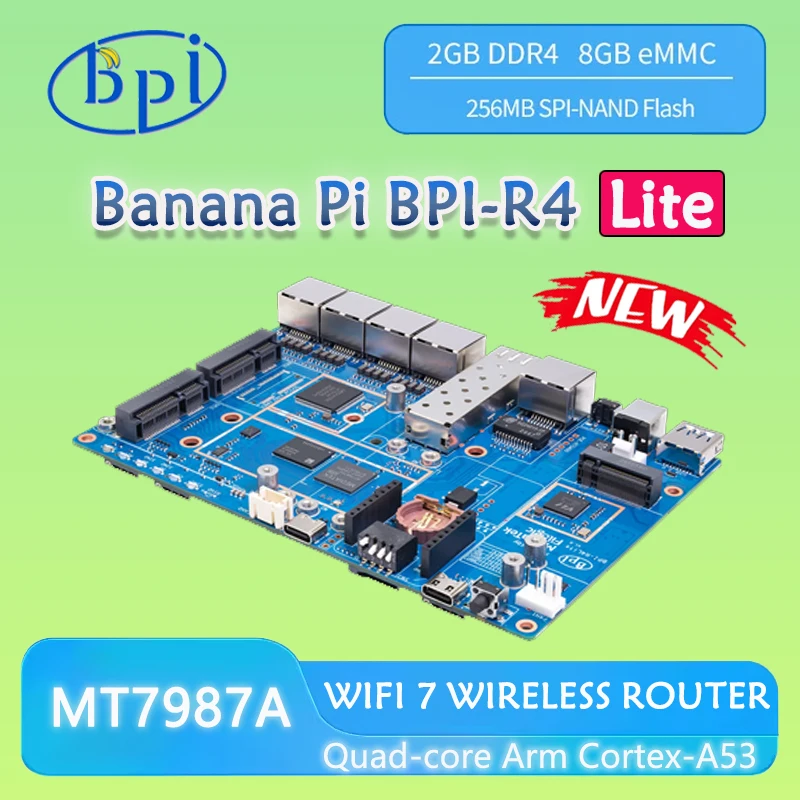 

Banana Pi BPI-R4 Lite MT7987 Quad-core Arm Cortex-A53, 2GB DDR4 8GB eMMC Flash on board., support M.2 for 4G/5G Module