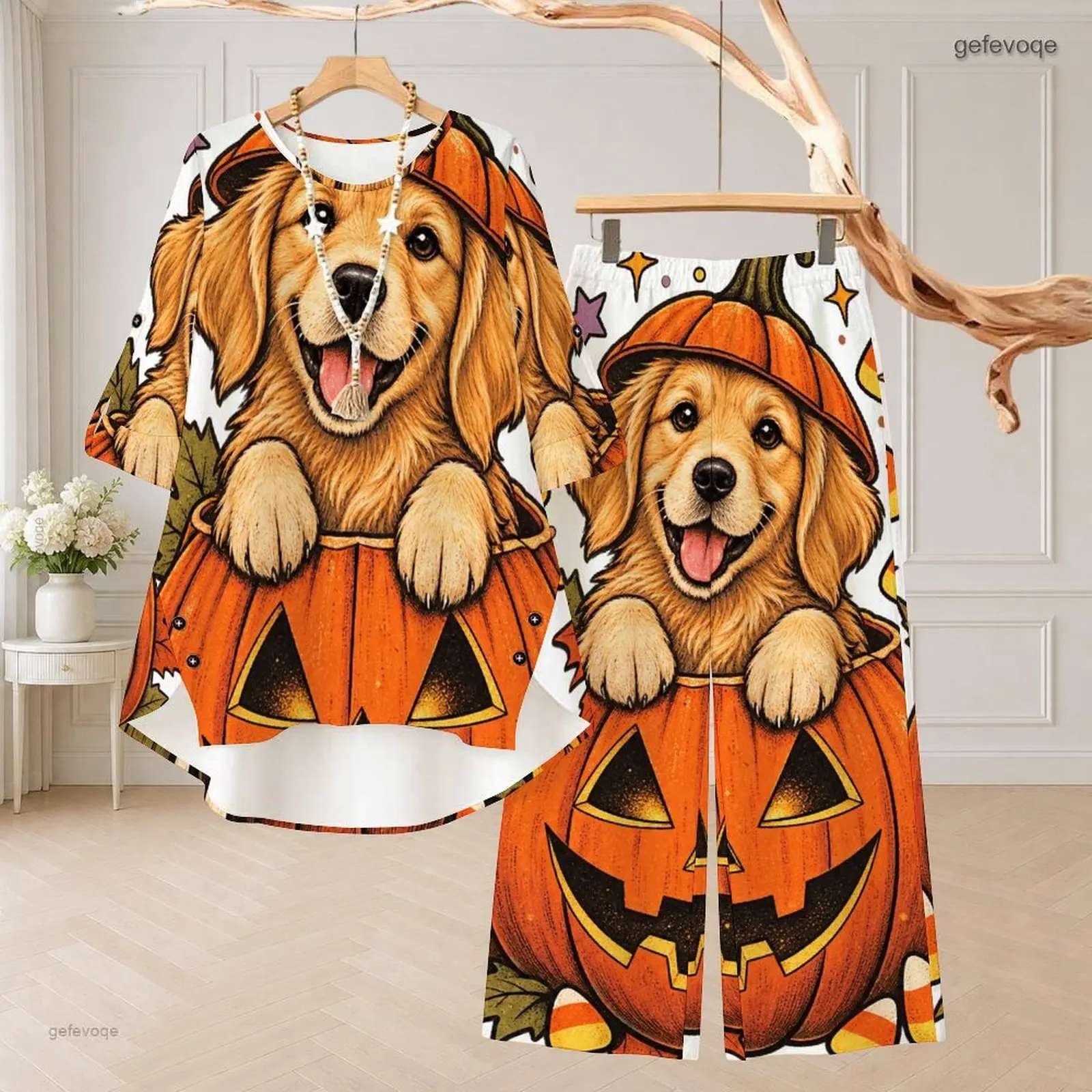 Women Cartoon Wizard Raccoon Pumpkin Print Round Neck 3/4 Sleeve High Low Top Long Pants Two Piece Set