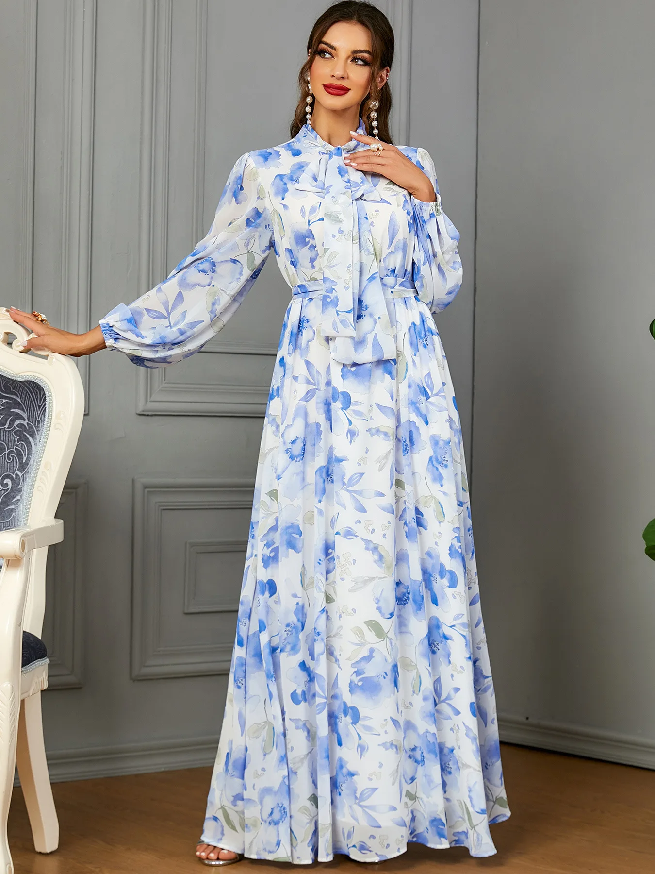 Women's Floral Print Maxi Dress, Tie Neck, Long Sleeves, Modest Muslim Abaya Hijabi Robe, Islamic Clothing, Party, Ramadan Eid