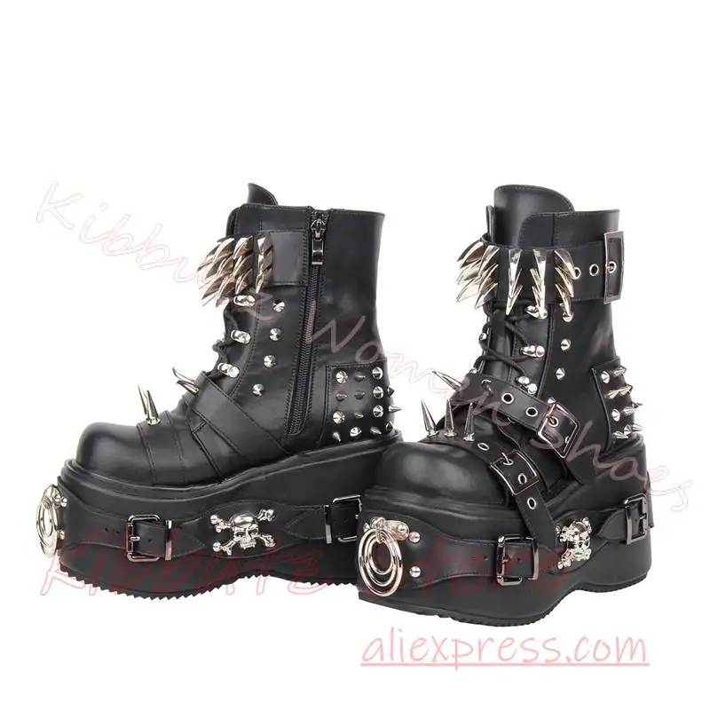 Punk Ankle Boots Platform Studded Rivets Spikes Skull Accent Straps Buckles Side Zip Chunky Goth Leather Women Footwear Fashion