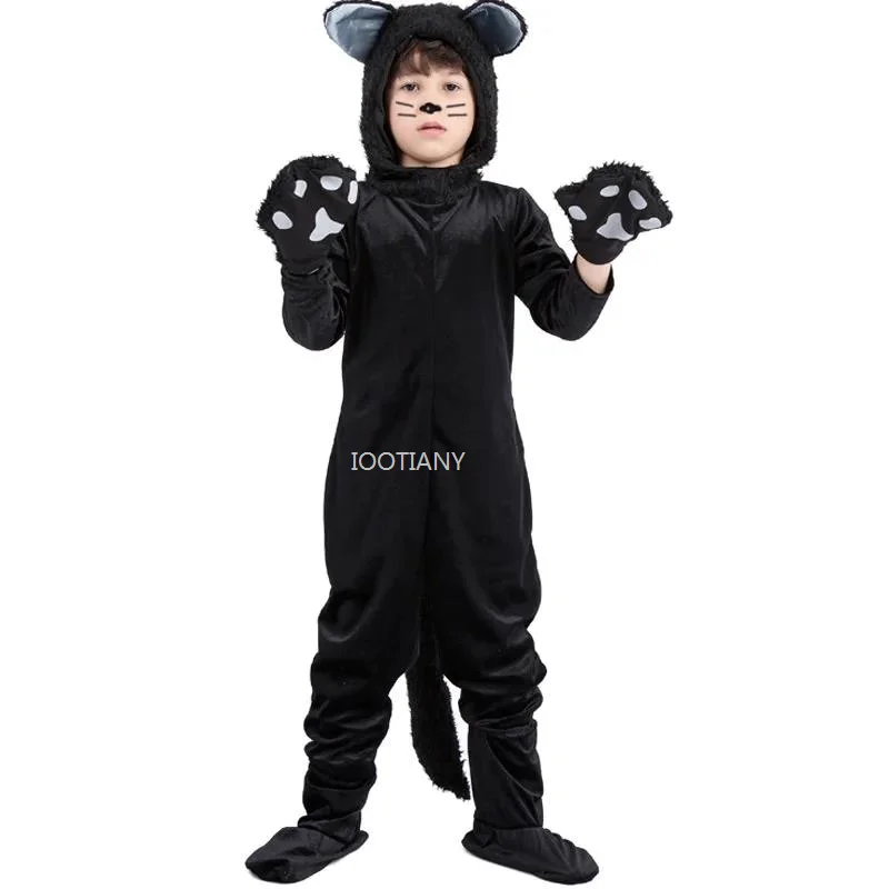 

Child Black Cat Animal Jumpsuit Halloween Masquerade Animal Black Cat Performance Costumes Cat Cosplay Children's Stage Costumes