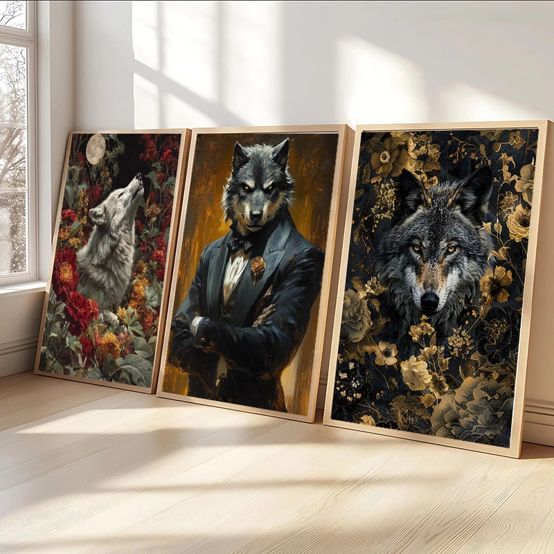 Aristocratic Style Howl Wolf Portraits Poster Classic Victorian Gothic Animal Canvas Painting Wall Art Pictures Home Decor