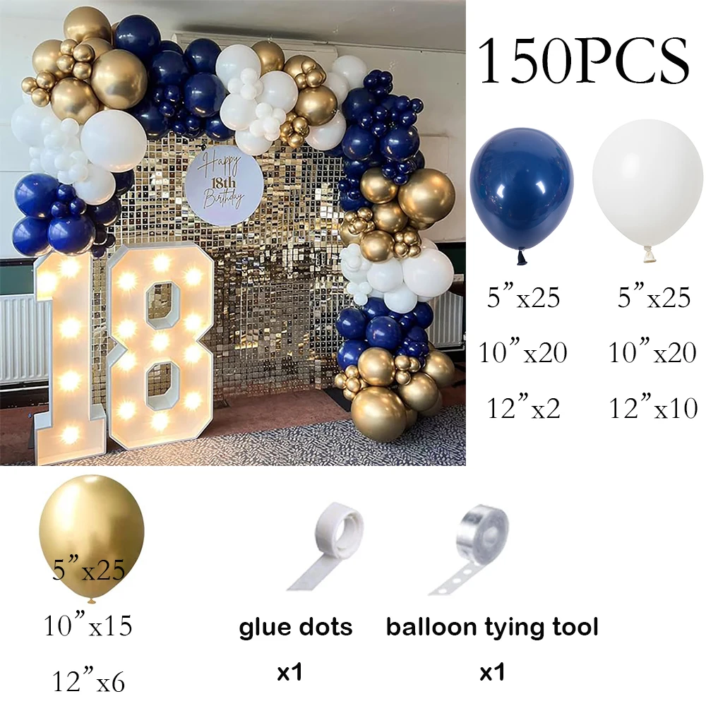 150PCS Navy Blue Balloons Garland 18th White Gold Balloon Arch Kit Baby Shower Graduation Wedding Anniversary Decoration Globos