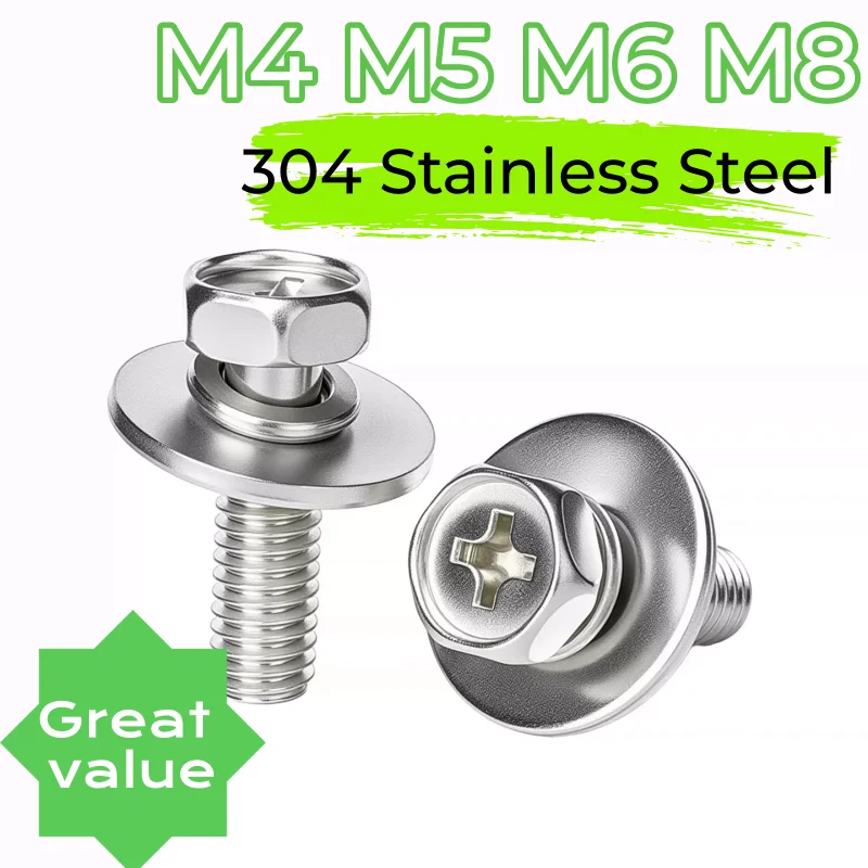 304 Stainless Steel M4 M5 M6 M8 Cross Recessed Hex Head with Large Washer SEM Screws Metric Phillips Three Combination