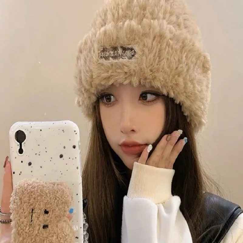 女性のぬいぐるみニットビーニーキャップ、耳保護帽子、カジュアルソリッドカバー、ヘッドキャップ、ボネット、厚く、暖かい、リブ、冬、スキー