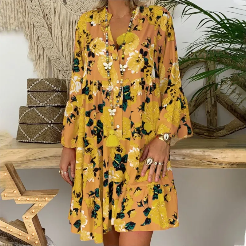 

Women's Printed Long Sleeved Large Swing Mid Length Dress Fashionable Dress With V-neck Single Row Multiple Buttons Loose Fit