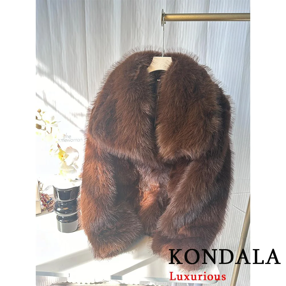 KONDALA سترات نسائية من الفرو السميك باللون البني غير رسمية بأكمام طويلة ورقبة على شكل V للخريف والشتاء معاطف من الفرو الصناعي موضة 2025 ملابس خارجية
