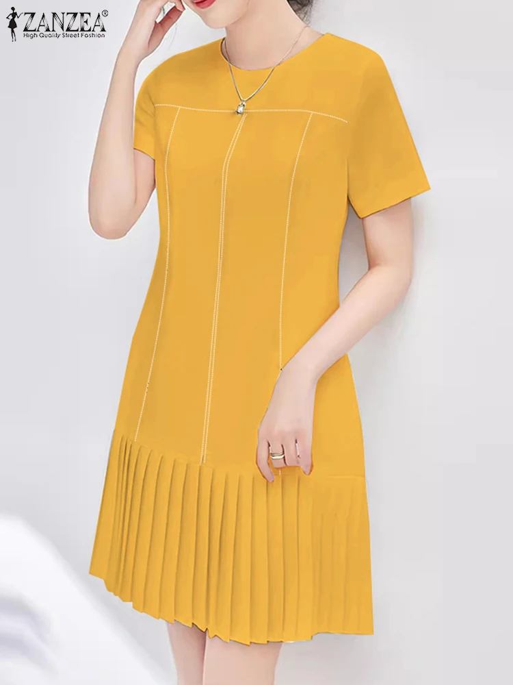 

ZANZEA Women Holiday Solid Line Vestidos Summer Mini Dress Fashion Short Sleeve Patchwork Sundress Casual Pleated Kaftan Dresses