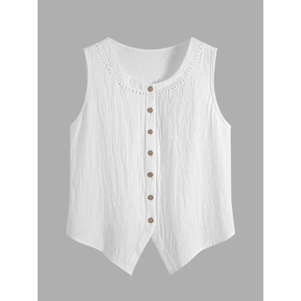 Women Lace Trim Round Neck Tank Top Wooden Button Front Open Sleeveless Casual Vacation Soft Breathable Flattering Comfy New