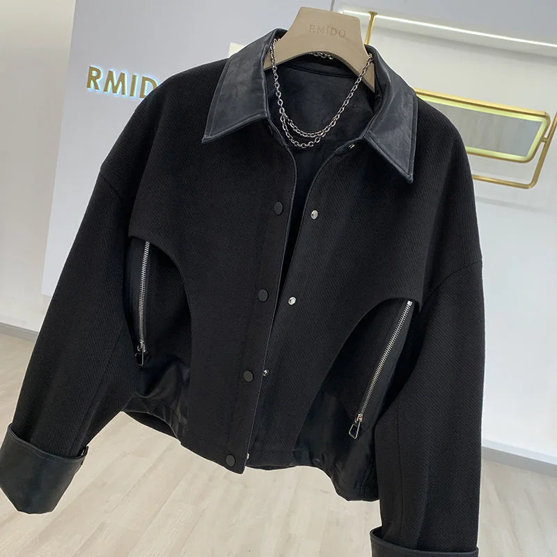 Unisex Pu Leather Patchwork Short Woolen Jacket Men Women Spring Autumn 2023 Designer Niche Spliced Zipper Lapel Coat