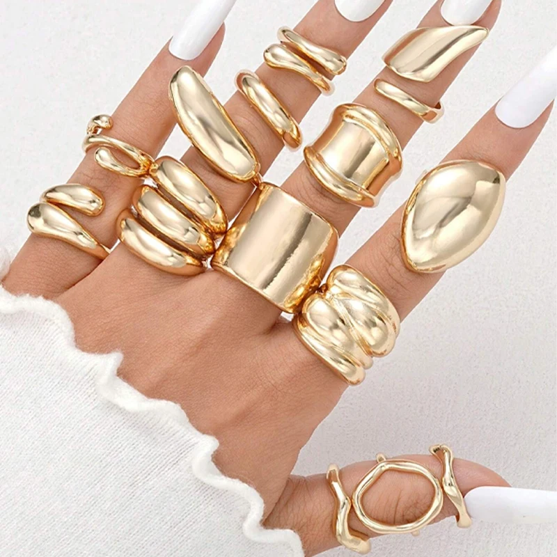 14Pcs/Set Vintage Smooth Open Rings Set for Women Geometric Creative Irregular Gold Color Finger Rings Trendy Daily Jewelry Gift