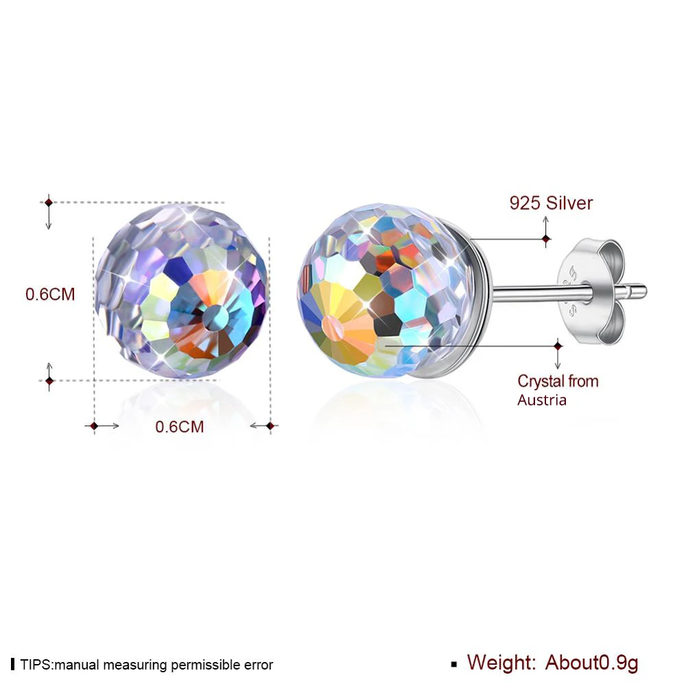Real 925 Silver Ball Stud Earrings Disco Fancy Stone Original Crystals From Austria Piercing For Women Party Wedding Jewelry