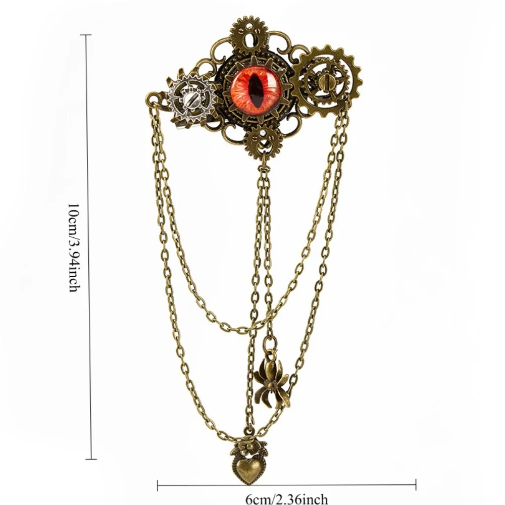 Steampunk Retro Red Eyed Mechanical Eye Gear Chain Brooch Brass Niche Dark Style Collar Needle Clothing Decoration Pin