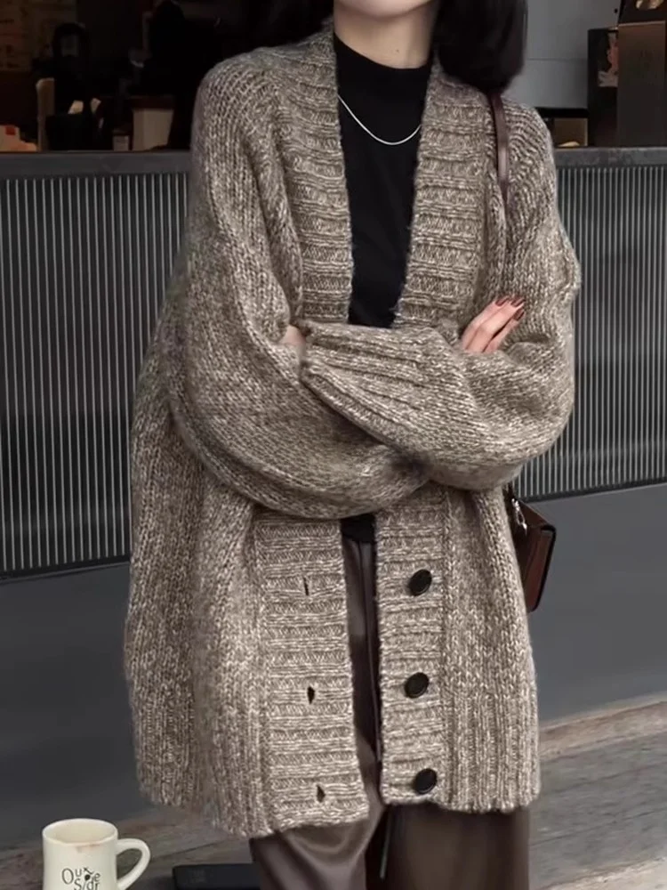 

ROUJE KEFSS Lazy Sle Open Cardigan Sweater Women's Autumn Winter Light Maturi Medium Length Knitted irt Long Sve