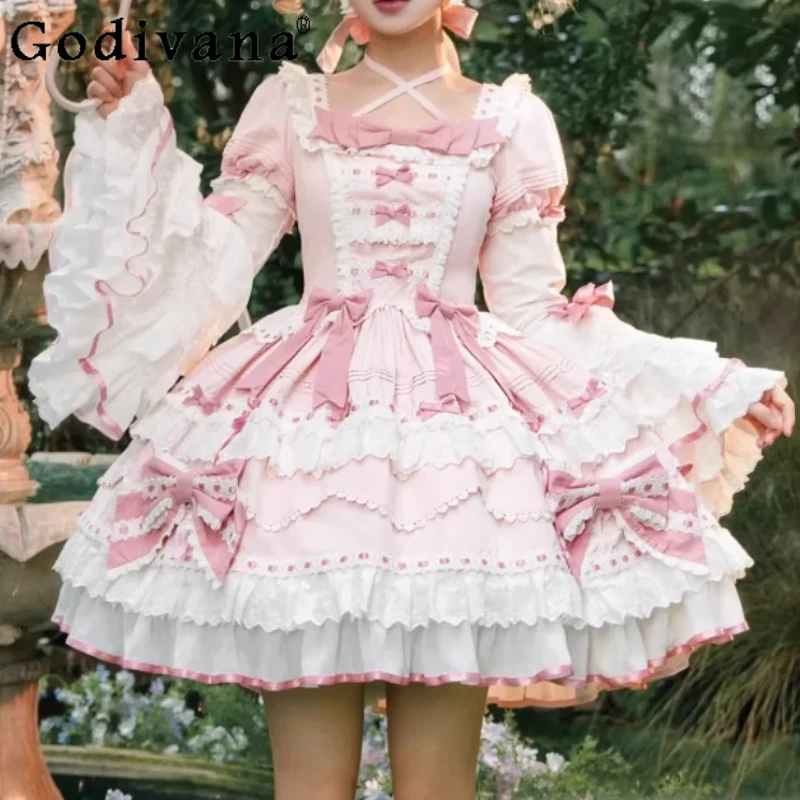

Spring Autumn Lolita Pink Long Sleeve New Ballet Princess Dress Elegant OP Girl High Waist A-line Age Reduction Cos Dresses