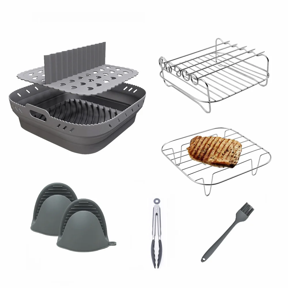 Air Fryer Accessories Silicone Air Fryer Liners with Stainless Steel Grill and Steaming Rack & Skewers Set