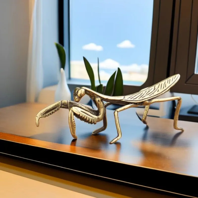 Copper Mantis Miniature Ornament Tea Pet Antique Solid Insect Figurine Desk Decoration Craft Accessories Vintage Flowerpot Decor