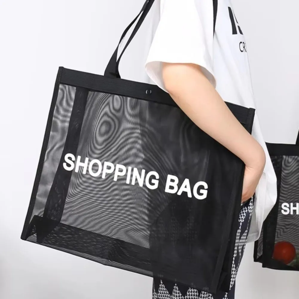Portable Transparent Shopping Bag Large Capacity Breathable Shoulder Handbag Mesh Toiletry Storarge Bag For Beach Travel