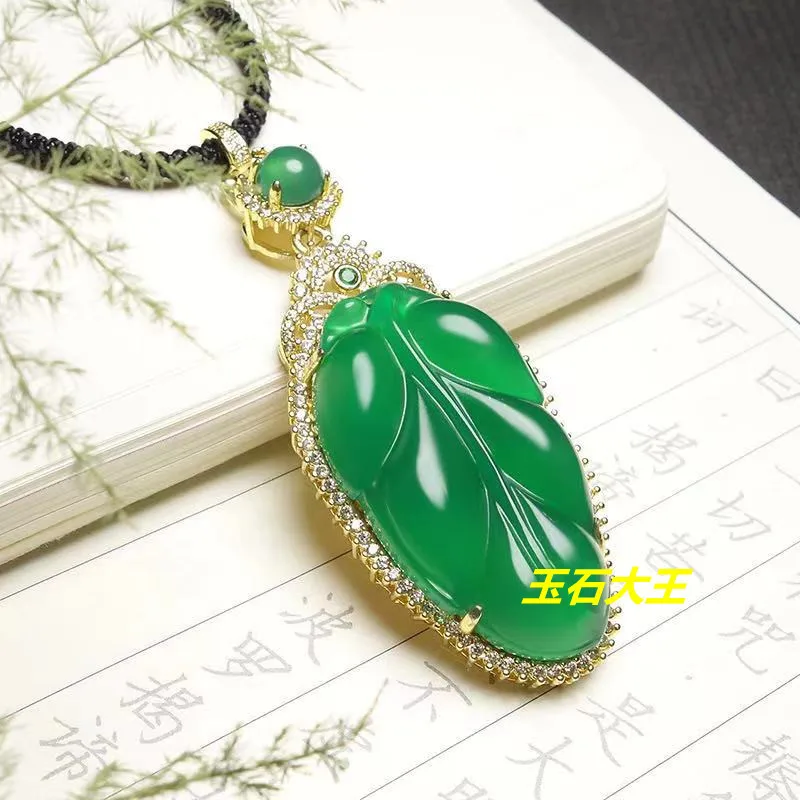 Live Stream Supply High Ice 925 Silver Plated Inlaid Green Chalcedony Leaf Pendant Green Agate Descendants of the Rich Jade Pend