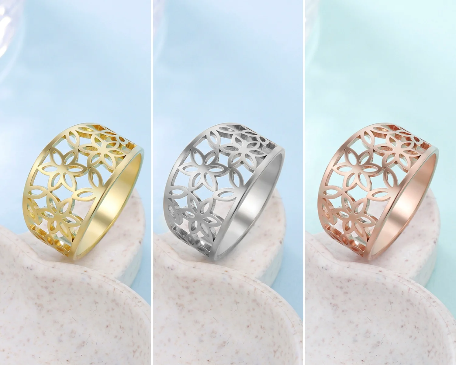 Kkjoy Mode Edelstahl Gold Farbe hohl sechs Blüten blätter Blumen ringe für Frauen Hochzeits feier Geburtstag Schmuck Geschenk für Mädchen – Detail 10