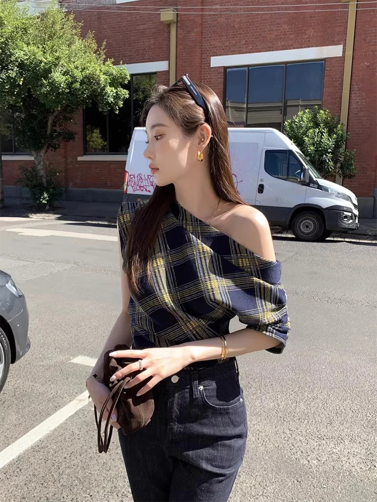 Chic Summer ort Women's irt Slim Fit Plaid Design Sensation Retro Color Blo oulder Design Cotton Commute Sle
