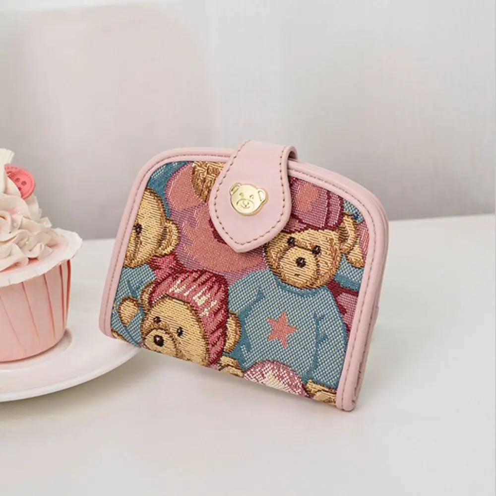 Delicate Cute Bear Women's Purse Multiple Card Slots Knitted Canvas Coin Pouch Cartoon Handbags Gift