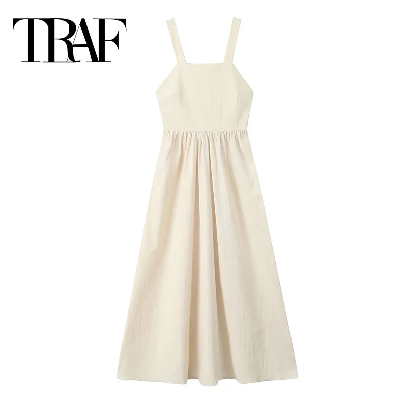 TRAF Women Tied Sleeveless Backless Dress With Straps Strappy Long Dress Summer Holiday Dresses Pleated Casual Beach Dresses