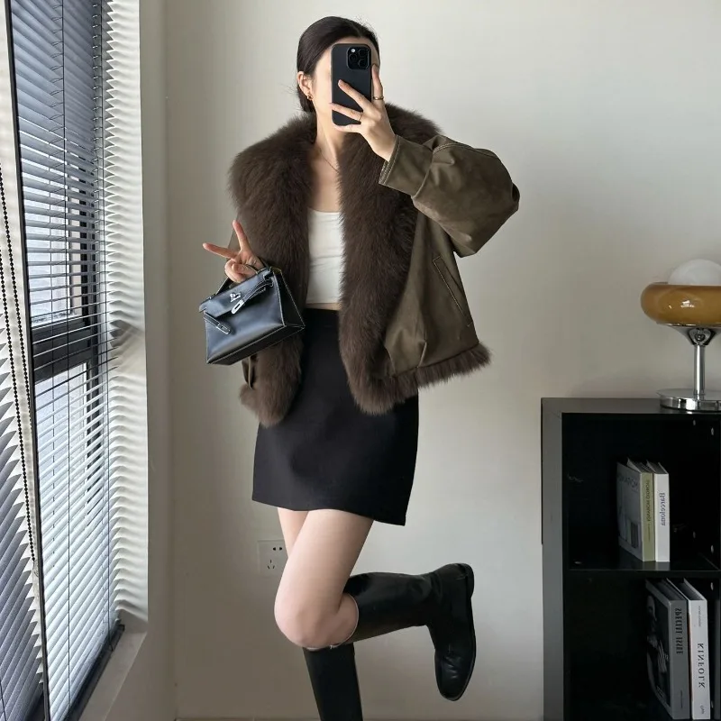 

Parkas Forest Bubble Autumn and Winter New Big Fur Collar Locomotive Short Imitation Fox Fur Jacket Women's Down Cotton Clothes