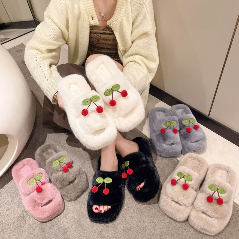 Cherry Fur Slippers Women Winter Indoor Solid Color Pantuflas Pompom Open Toe Fur Slides Ladies Trendy Comfy House Shoes