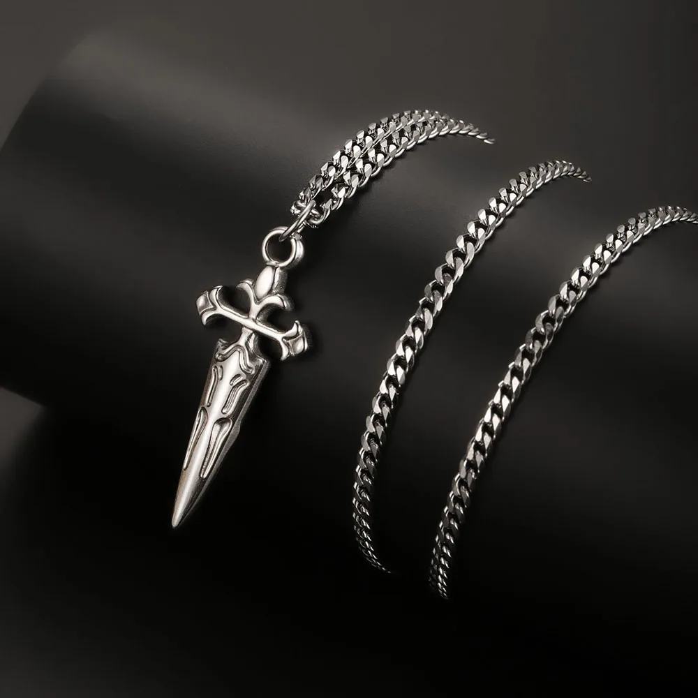 1PC Men's Retro Cuban Chain Cross Necklace Man Accessories Fadeless Stainless Steel Protection Sword Necklace for Men Jewlery
