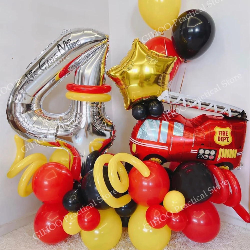 33pcs Fire Truck Number Balloon Set 32inch 1-9 Silver Foil Ball Children Boy Firefighter Theme Birthday Party Decor Baby Shower