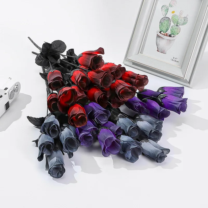 Black Artificial Rose Flower Gothic Style Simulation Flowers Wedding Home Party Fake Flower Decoration DIY Halloween Decor