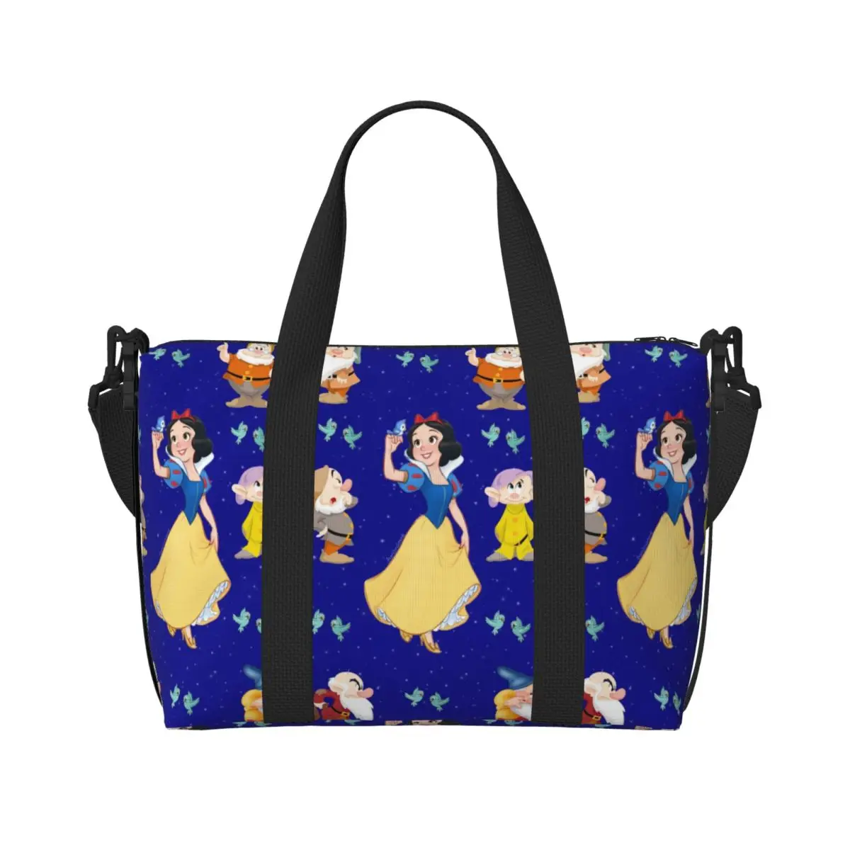 

Custom Snow White And Anime The Seven Dwarfs Beach Tote Bag for Women Big Compartment Gym Beach Travel Bags