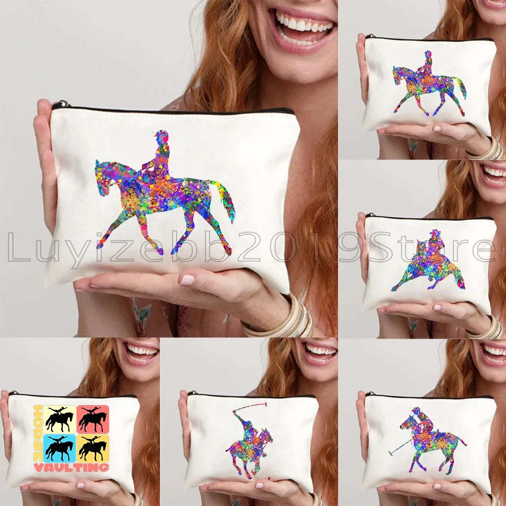 Equestrian Barrel Racing Rider Horse Vaulting Riding Polo Player Canvas Cosmetic Bag Makeup Toilet Bag Pencil Case Zipper Pouch