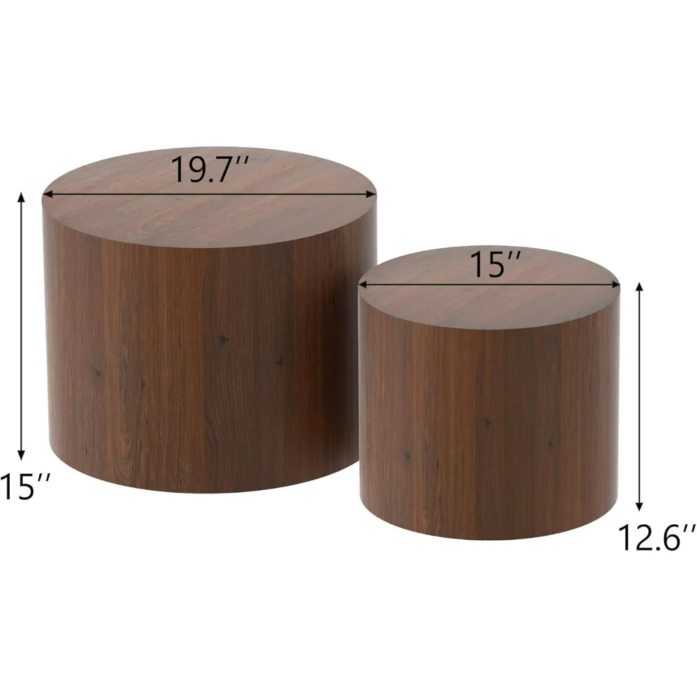 Nesting Coffee Table Set of 2, Round Walnut Wooden Coffee Tables Modern Circle End Table Side Tables for Small Spaces