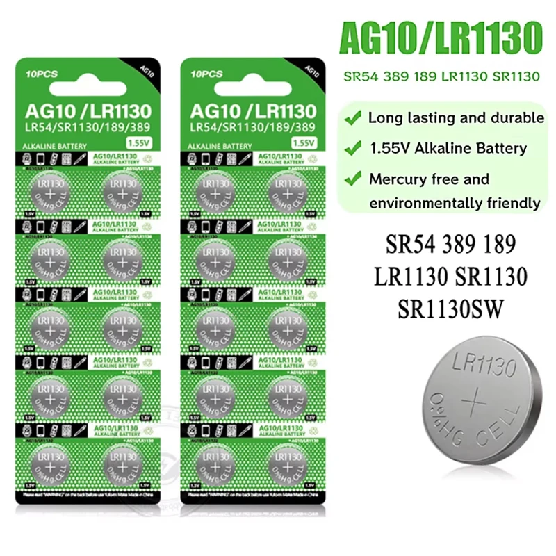 

New AG10 LR54 Cell Coin 1.55V SR54 389 189 LR1130 D189 LR54 SR1130 Alkaline Button Batteries for Watch Toys Remote Calculators