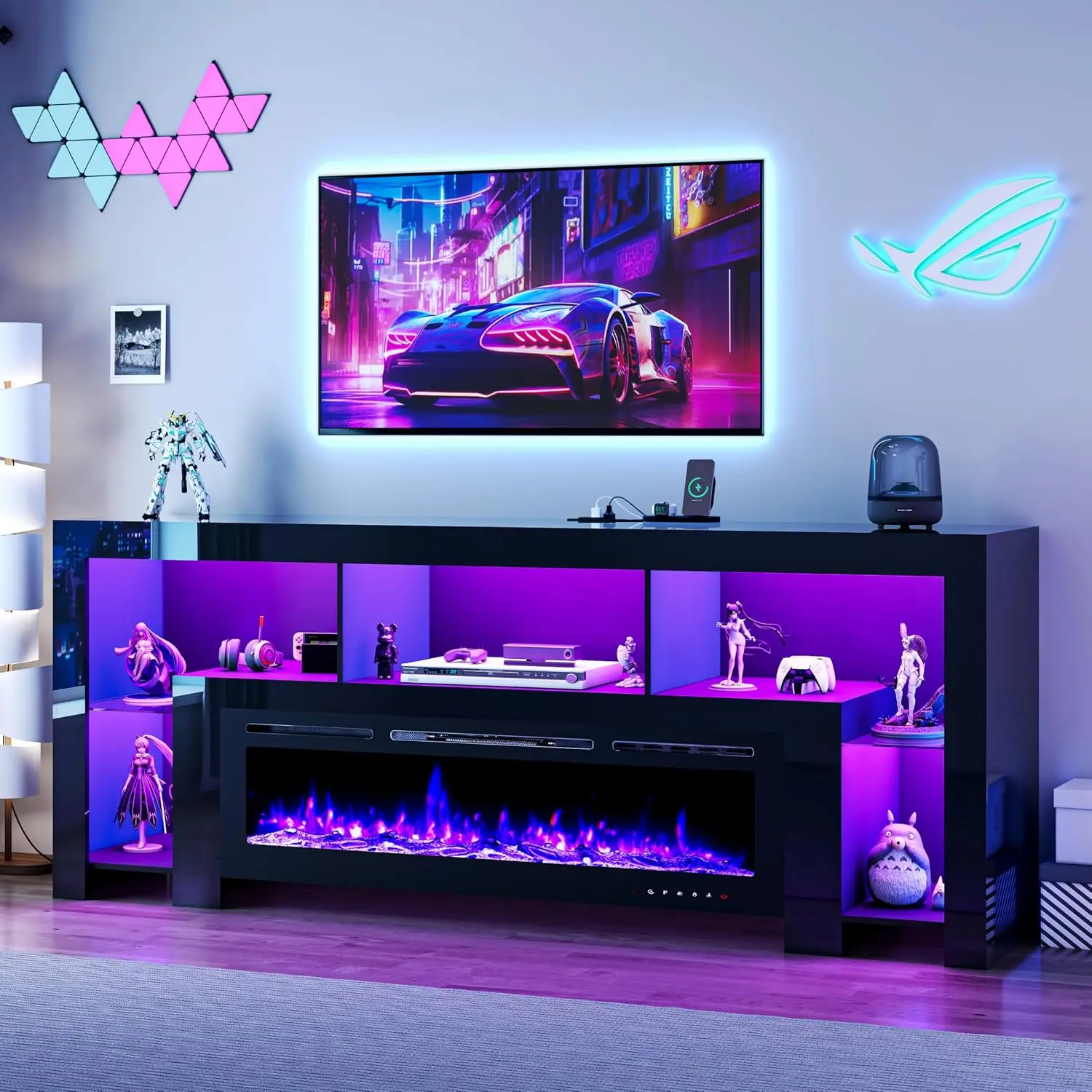 94.5" Fireplace TV Stand for TVs Up to 100", Gaming LED Entertainment Center with 50" Electric Fireplace, Modern, Customized